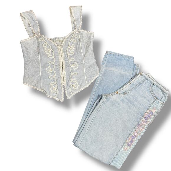 Vintage 90s Jeans 26x33 Straight Leg Floral Embroidery Corduroy Handmade Brazil - Picture 11 of 11